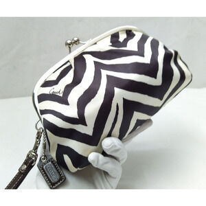 Coach Brown White Stripe Zebra Printed Kisslock Framed Wristlet - Coin Wallet